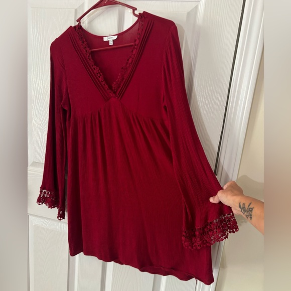 Jodifl Dress classy burgundy embroidery deep v-neck mini long sleeve - Picture 4 of 13